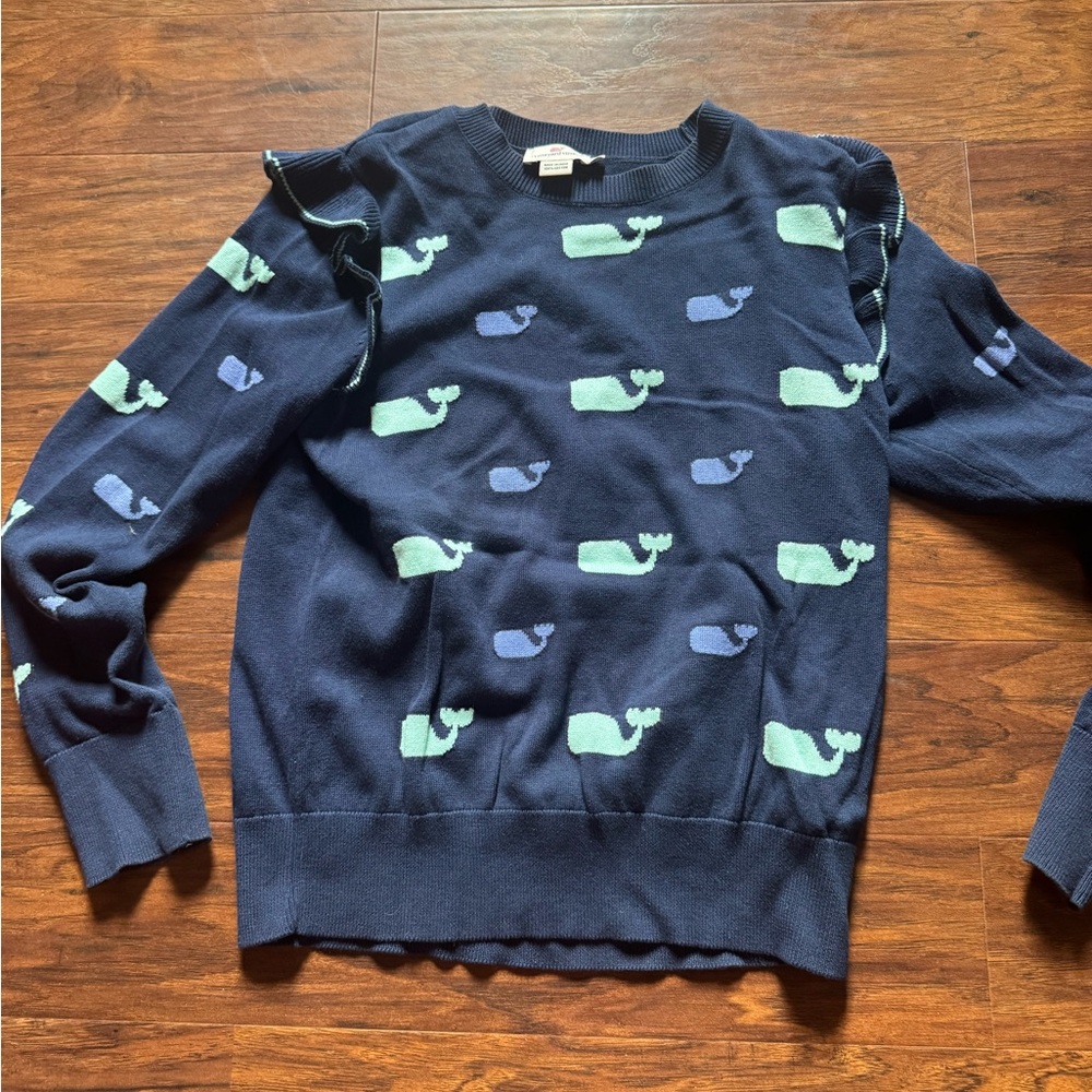 Vineyard Vines Navy Blue Sweater with Green Whale Pattern